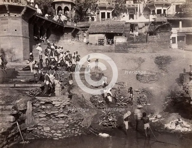Benares (Varanasi), Uttar Pradesh: corpses being burned and consigned to the river Ganges, 19th cent Creator: Unknown.