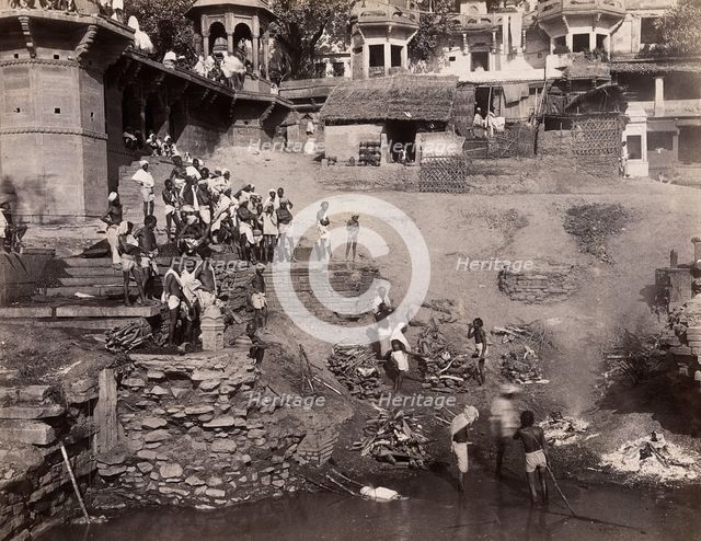 Benares (Varanasi), Uttar Pradesh: corpses being burned and consigned to the river Ganges, 19th cent Creator: Unknown.