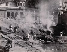 Benares (Varanasi), Uttar Pradesh: corpses being burned and consigned to the river..., [1800-1899?]. Creator: Unknown
