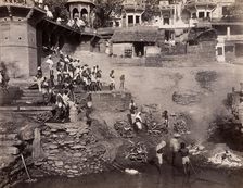 Benares (Varanasi), Uttar Pradesh: corpses being burned and consigned to the river Ganges, 19th cent Creator: Unknown