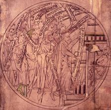 Benefactors placing records of their gifts on the altar of Crowland Abbey, Lincolnshire, c1210. Creator: Unknown