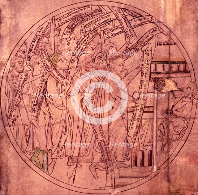 Benefactors placing records of their gifts on the altar of Crowland Abbey, Lincolnshire, c1210.  Creator: Unknown.