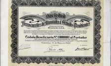 Beneficiary document of the Sociedad de Ferrocarriles de Montaña a Grandes Pendientes, S.A., Barc…