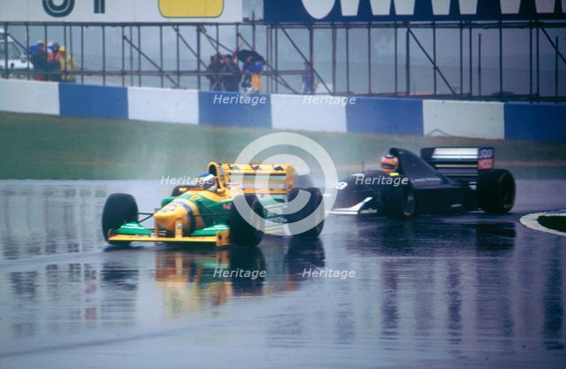 Benetton B193A Michael Schumacher and K.Wendlinger in Sauber Ilmor 1993 Euro GP at Donington Artist: Unknown.