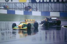 Benetton B193A Michael Schumacher and K.Wendlinger in Sauber Ilmor 1993 Euro GP at Donington