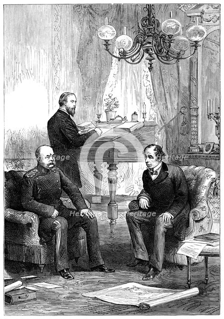 Benjamin Disraeli (1804-1881) meeting with Otto von Bismarck (1815-1898), Berlin, 1878. Artist: Unknown