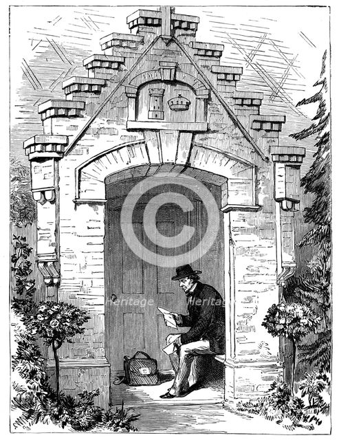 Benjamin Disraeli (1804-1881) reading letters in the porch of Hughenden Lodge, 19th century. Artist: Unknown