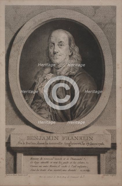 Benjamin Franklin, 1779. Creator: Justus Chevillet (French, 1729-1802); Published in Journal de Paris, 7 July 1779 and in the Gazette de France, 16 July 1779.