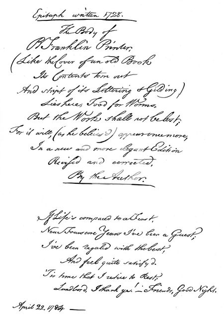 Benjamin Franklin's epitaph, written by himself, 1728, (1840). Artist: Benjamin Franklin