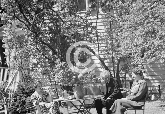 Benson, Mary, Mrs., with Arnold Genthe and an unidentified woman seated ouside at..., c1933-c1942. Creator: Arnold Genthe.