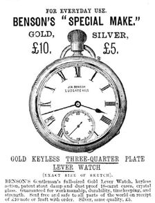 Benson's "Special Make" Gold Keyless Three-Quarter Plate Lever Watch, 1883. Creator: Unknown