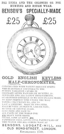 Benson's Specially-Made Gold English Keyless Half-Chronometer, 1883. Creator: Unknown