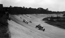 Bentley leading a Barnato-Hassan Special and a Jensen, October Long Handicap, Brooklands, 1938. Artist: Bill Brunell