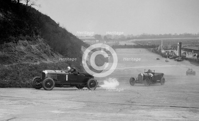 Bentley of Tim Birkin and Austro-Daimler of Edgar Fronteras, BARC meeting, Brooklands, 1930. Artist: Bill Brunell.