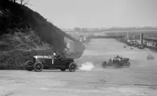 Bentley of Tim Birkin and Austro-Daimler of Edgar Fronteras, BARC meeting, Brooklands, 1930. Artist: Bill Brunell