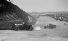 Bentley of Tim Birkin and Austro-Daimler of Edgar Fronteras, BARC meeting, Brooklands, 1930. Artist: Bill Brunell
