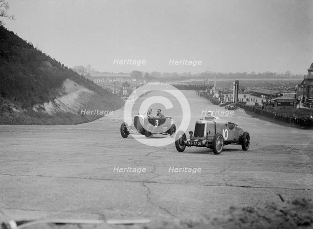 Bentley of Major H Butler and Lea-Francis Hyper racing at a BARC meeting, Brooklands, 1930. Artist: Bill Brunell.