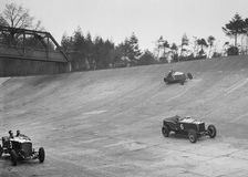 Bentley of Major H Butler and Sunbeam of BO Davis racing at a BARC meeting, Brooklands, 1930. Artist: Bill Brunell