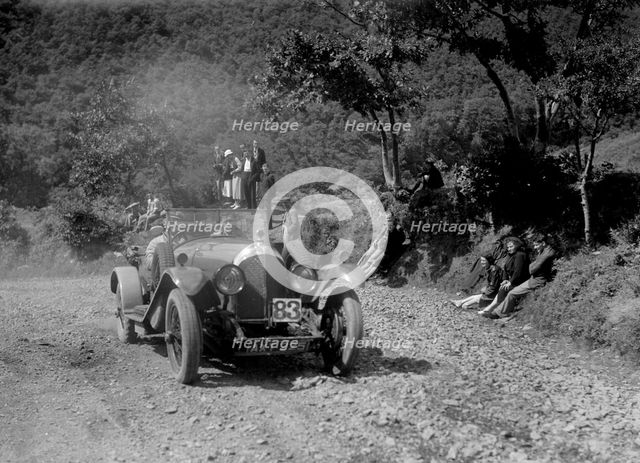 Bentley open 4-seater of FE Elgood competing in the Mid Surrey AC Barnstaple Trial, 1934. Artist: Bill Brunell.