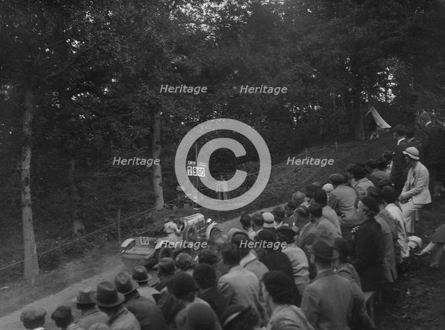 Bentley open 4-seater competing in the Shelsley Walsh Hillclimb, Worcestershire, 1935. Artist: Bill Brunell.