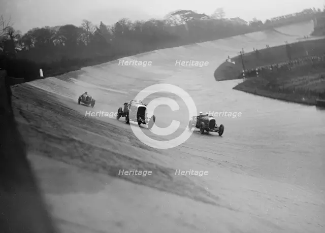Bentleys of Eddie Hall and RO Williams and a Bugatti, BARC meeting, Brooklands, Surrey, 1931 Artist: Bill Brunell.
