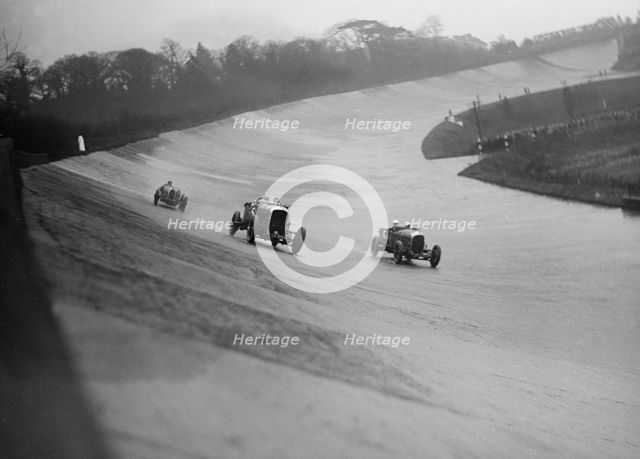 Bentleys of Eddie Hall and RO Williams and a Bugatti, BARC meeting, Brooklands, Surrey, 1931 Artist: Bill Brunell.