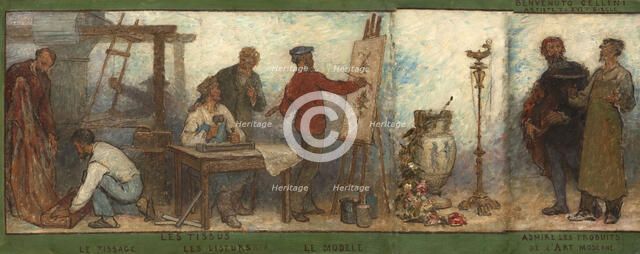 Benvenuto Cellini, 16th century artist, admiring products of modern art: Fabrics: Sketch..., 1880. Creator: Edmond Eugene Valton.