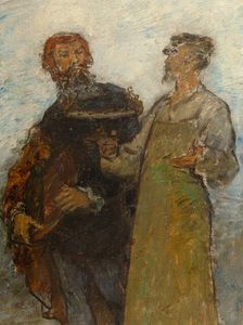 Benvenuto Cellini, 16th century artist, admiring products of modern art: Fabrics: Sketch..., 1880. Creator: Edmond Eugene Valton