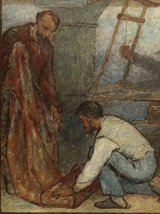 Benvenuto Cellini, 16th century artist, admiring products of modern art: Fabrics: Sketch..., 1880. Creator: Edmond Eugene Valton