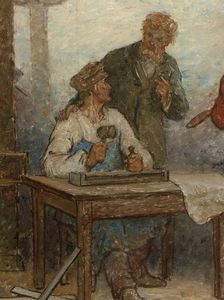 Benvenuto Cellini, 16th century artist, admiring products of modern art: Fabrics: Sketch..., 1880. Creator: Edmond Eugene Valton