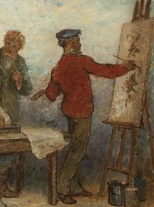 Benvenuto Cellini, 16th century artist, admiring products of modern art: Fabrics: Sketch..., 1880. Creator: Edmond Eugene Valton