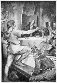 Beowulf replies haughtily to Hunferth 1910. Creator: John Henry Frederick Bacon
