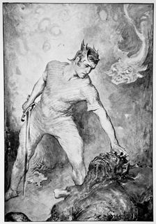 Beowulf shears off the head of Grendel 1910. Creator: John Henry Frederick Bacon