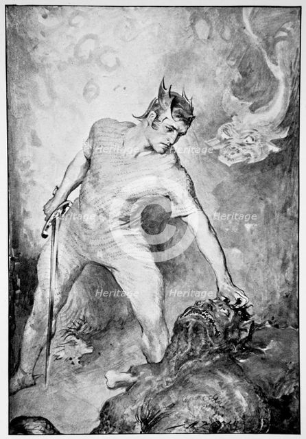 'Beowulf shears off the head of Grendel', 1910.  Creator: John Henry Frederick Bacon.