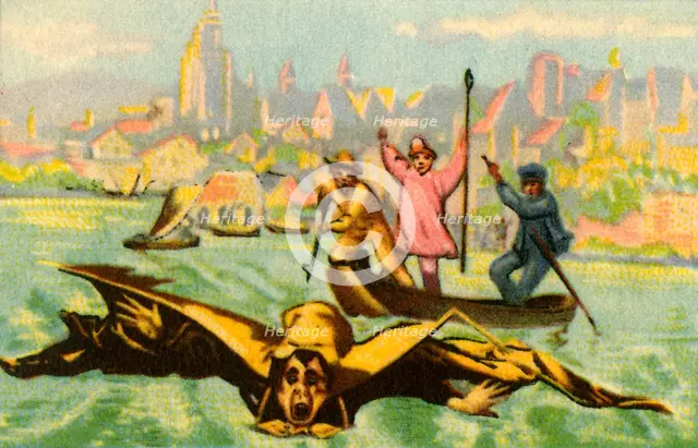 Berblinger's attempt to fly across the Danube, 1811, (1932). Creator: Unknown.