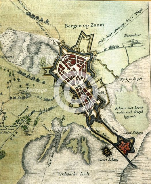 Bergen op Zoom, colored engraving from the book 'Le Theatre du monde' or 'Nouvel Atlas', 1645, cr…