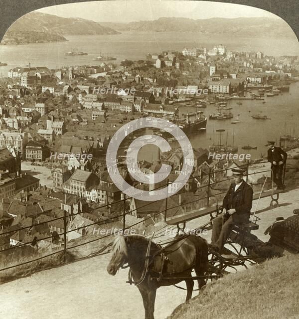 'Bergen, west from the Floifjeld, over the harbor (right) and Puddefjord (distant), Norway', c1905. Creator: Unknown.