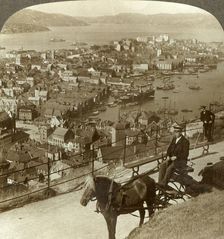 Bergen, west from the Floifjeld, over the harbor (right) and Puddefjord (distant), Norway c1905. Creator: Unknown