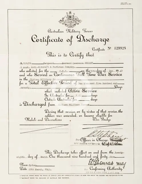 Bernard Laurence 'Barney' Nugent's Certificate of Discharge from the Citizen Military Forces, 1945. Creator: Murphy.