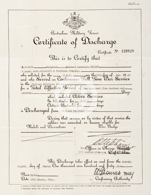 Bernard Laurence 'Barney' Nugent's Certificate of Discharge from the Citizen Military Forces, 1945. Creator: Murphy.