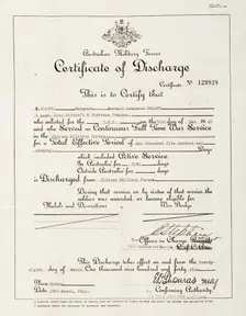 Bernard Laurence Barney Nugent's Certificate of Discharge from the Citizen Military Forces, 1945. Creator: Murphy