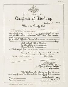 Bernard Laurence Barney Nugent's Certificate of Discharge from the Citizen Military Forces, 1945. Creator: Murphy