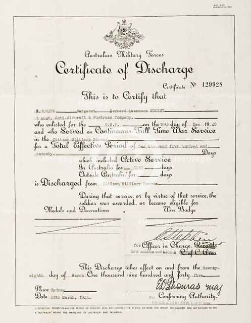 Bernard Laurence 'Barney' Nugent's Certificate of Discharge from the Citizen Military Forces, 1945. Creator: Murphy.