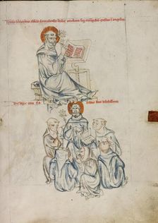 Bernard of Clairvaux Writing: Bernard Preaching to Brothers of the Order; Vita beatae Hedwigis,1353. Creator: Unknown