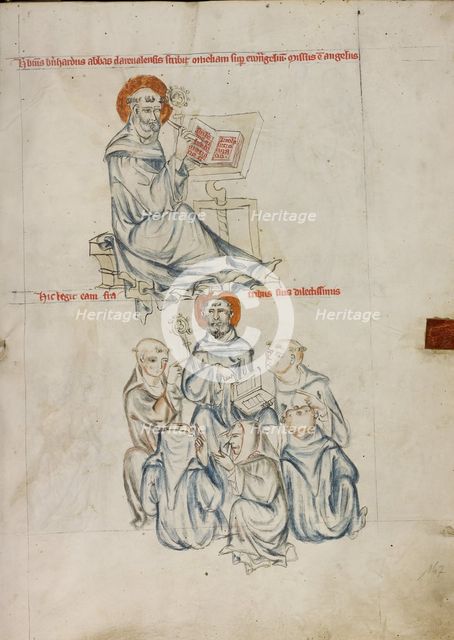 Bernard of Clairvaux Writing: Bernard Preaching to Brothers of the Order; Vita beatae Hedwigis,1353. Creator: Unknown.