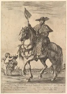 Bernardino Ricci, called il Tedeschino, atop a horse in center, riding towards the left, w..., 1637. Creator: Stefano della Bella