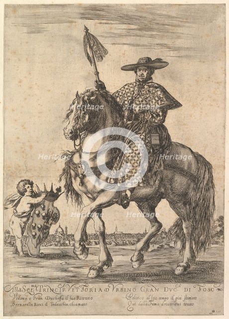 Bernardino Ricci, called il Tedeschino, atop a horse in center, riding towards the left, w..., 1637. Creator: Stefano della Bella.