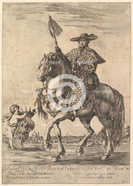 Bernardino Ricci, called il Tedeschino, atop a horse in center, riding towards the left, w..., 1637. Creator: Stefano della Bella.