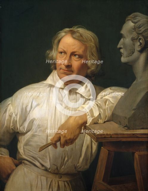 Bertel Thorvaldsen (1768-1844) with the Bust of Horace Vernet, 1833 or later. Creator: Emile Jean-Horace Vernet.