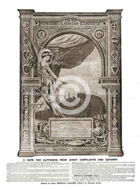 ''Bertelli's Catramin Pills; Gold Medal Diploma Nationl Exhibition Edinburgh 1890', 1891. Creator: Unknown.